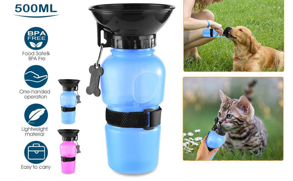 Portable Dog Water Bottle with Built-in Bowl | Leak-Proof Travel Pet Feeder Mug – 500ml, One-Handed Operation for Dogs, Puppies and Cats
