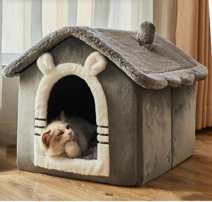 Cat Cave Bed – Warm, Cozy and Washable Igloo House (Grey Rabbit, Small)