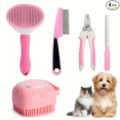 Ultimate 4-Piece Pet Grooming Kit: Deshedding Comb, Flea Tool, Shampoo Brush, Nail Clippers