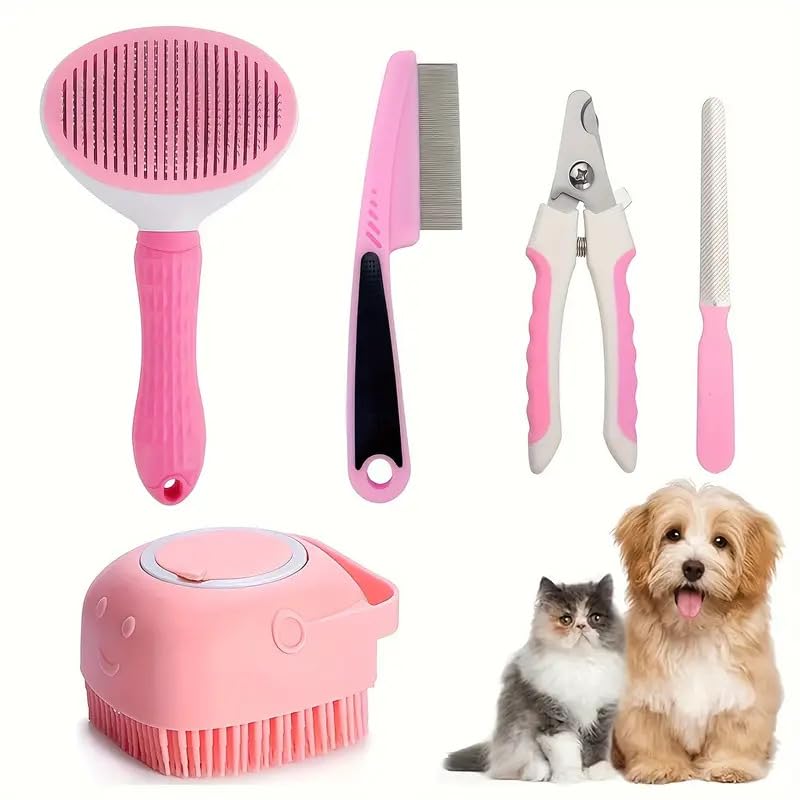 Ultimate 4-Piece Pet Grooming Kit: Deshedding Comb, Flea Tool, Shampoo Brush, Nail Clippers
