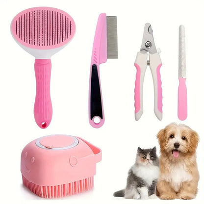 Ultimate 4-Piece Pet Grooming Kit: Deshedding Comb, Flea Tool, Shampoo Brush, Nail Clippers