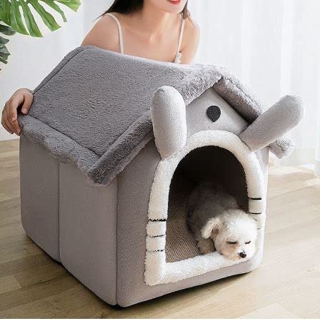 Cat Cave Bed – Warm, Cozy and Washable Igloo House (Grey Rabbit, Small)
