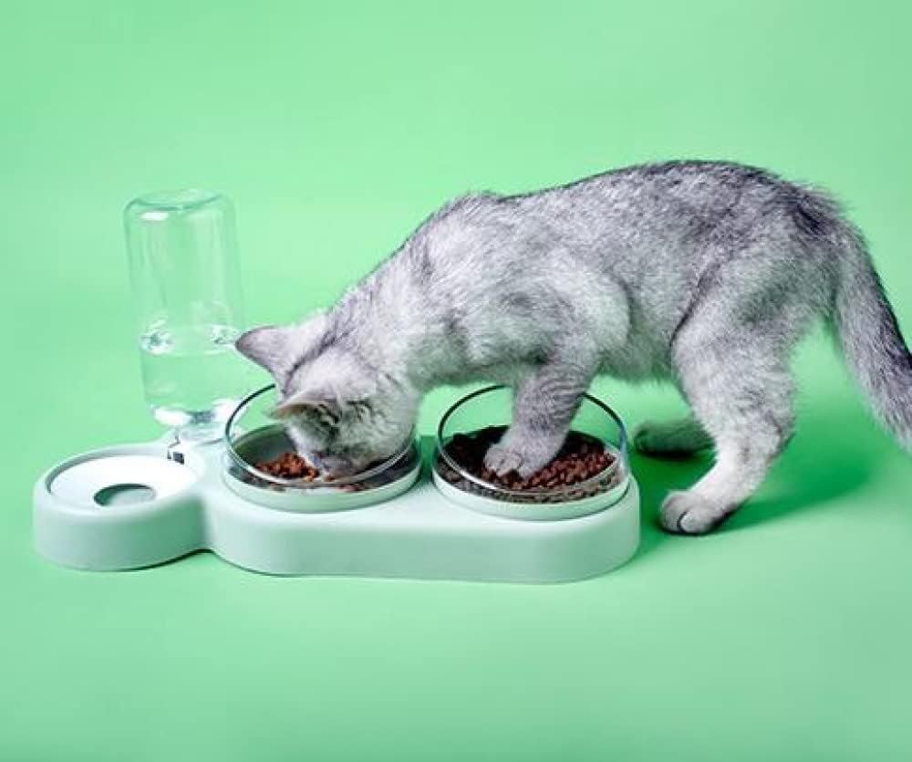 3-in-1 Dog and Cat Bowl Set – Tilted Raised Food Bowls with Automatic Water Dispenser and Detachable Dish (Green)