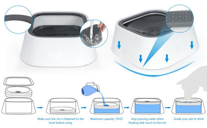 No-Spill Pet Water Bowl | Slow Water Feeder with Floating Disk | Splash-Proof Travel Bowl for Dogs and Cats – 1.5L