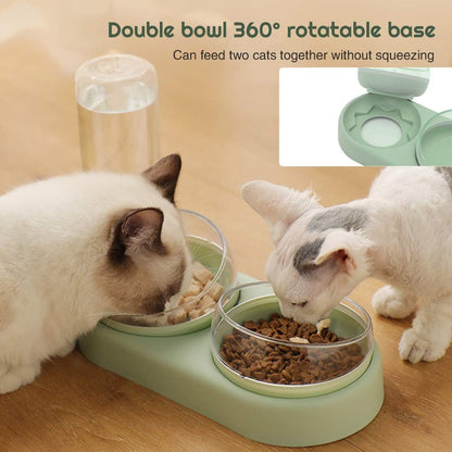 3-in-1 Dog and Cat Bowl Set – Tilted Raised Food Bowls with Automatic Water Dispenser and Detachable Dish (Green)