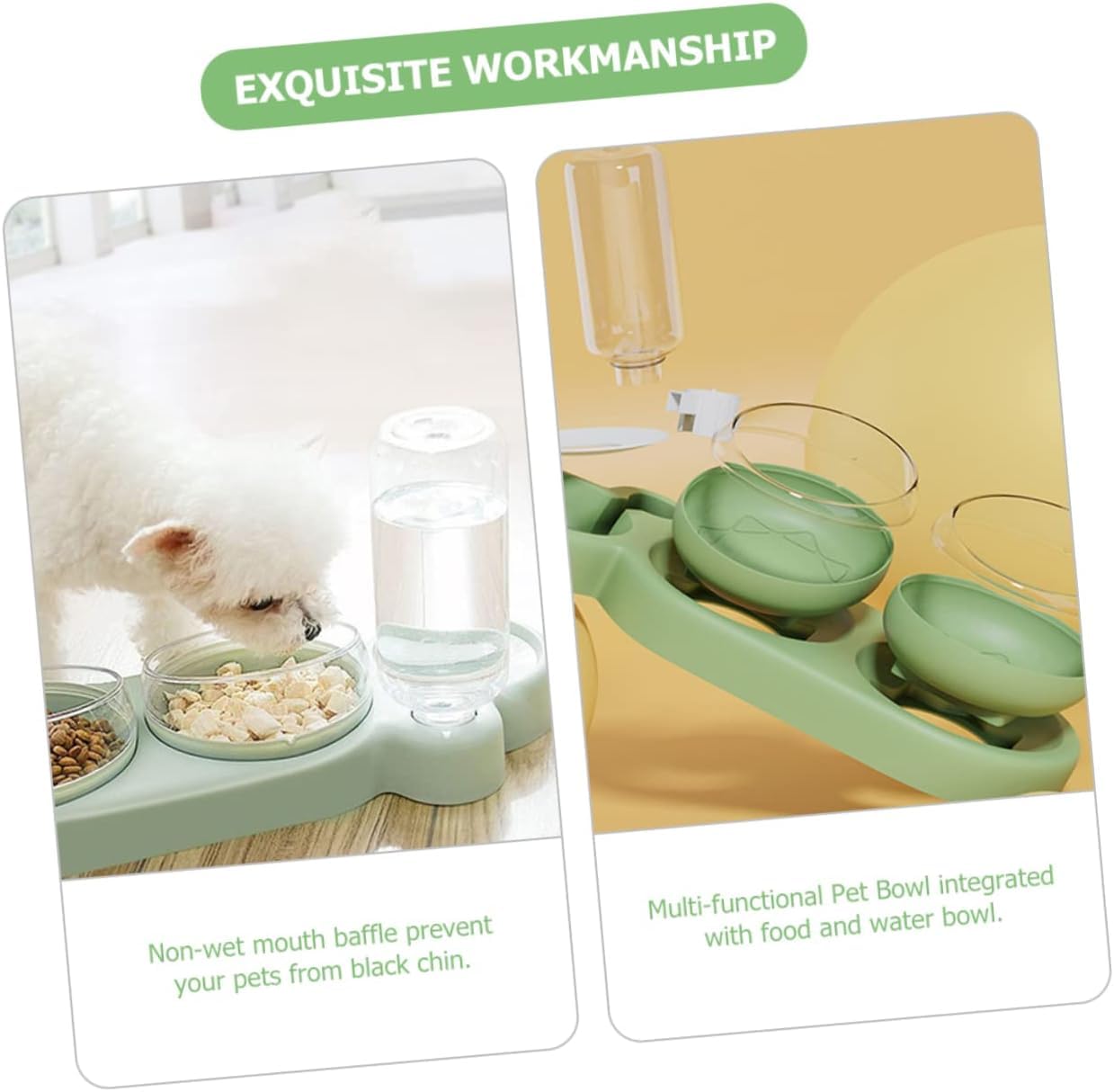 3-in-1 Dog and Cat Bowl Set – Tilted Raised Food Bowls with Automatic Water Dispenser and Detachable Dish (Green)