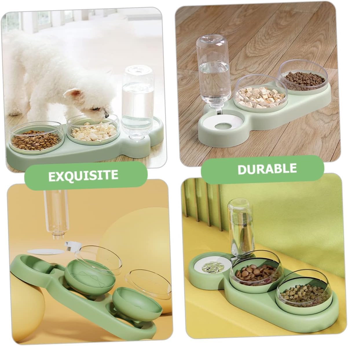 3-in-1 Dog and Cat Bowl Set – Tilted Raised Food Bowls with Automatic Water Dispenser and Detachable Dish (Green)