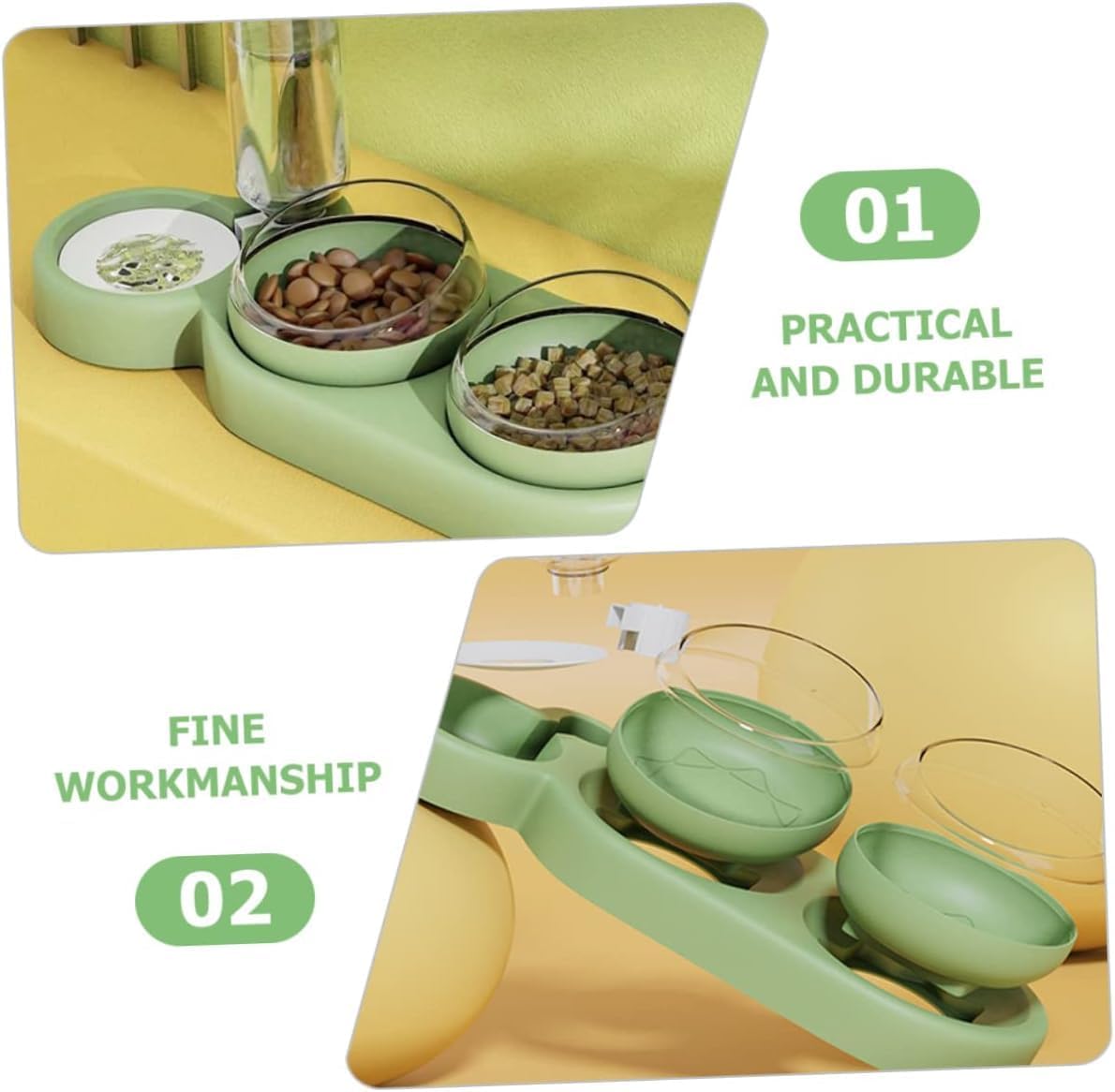 3-in-1 Dog and Cat Bowl Set – Tilted Raised Food Bowls with Automatic Water Dispenser and Detachable Dish (Green)