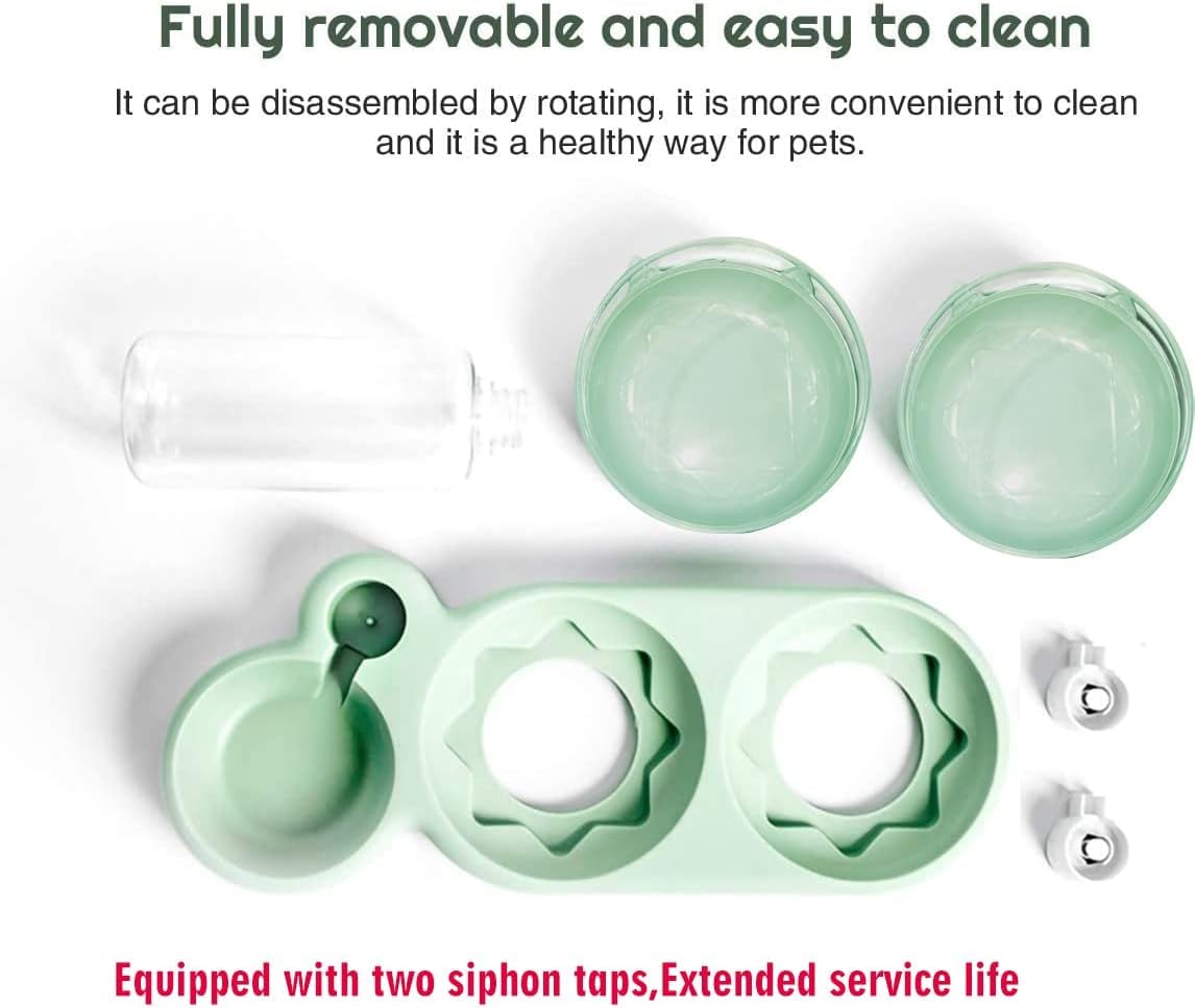 3-in-1 Dog and Cat Bowl Set – Tilted Raised Food Bowls with Automatic Water Dispenser and Detachable Dish (Green)