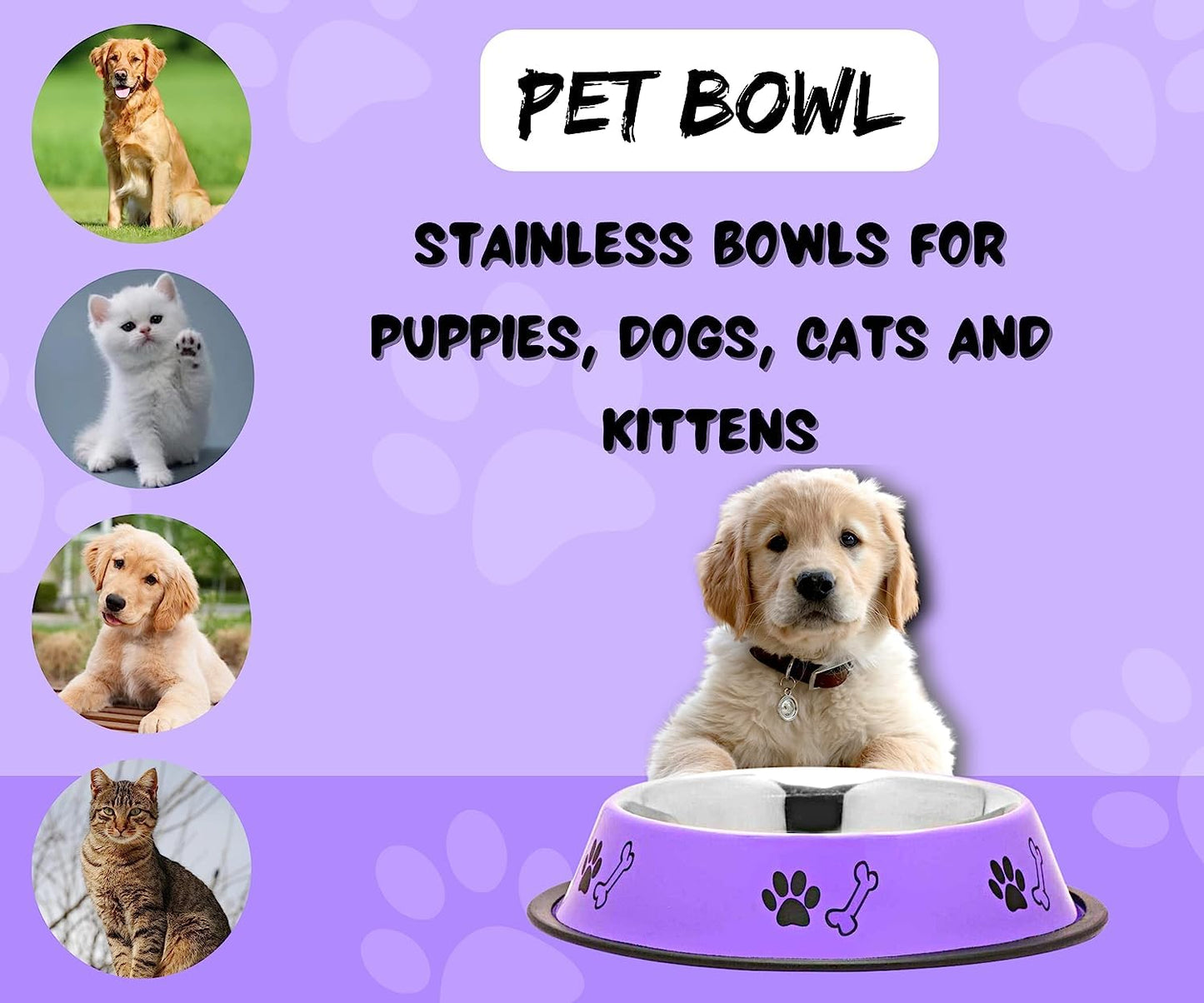 Dog Bowl 720 ml – Non-Skid Stainless Steel Food and Water Feeding Bowl (Purple)
