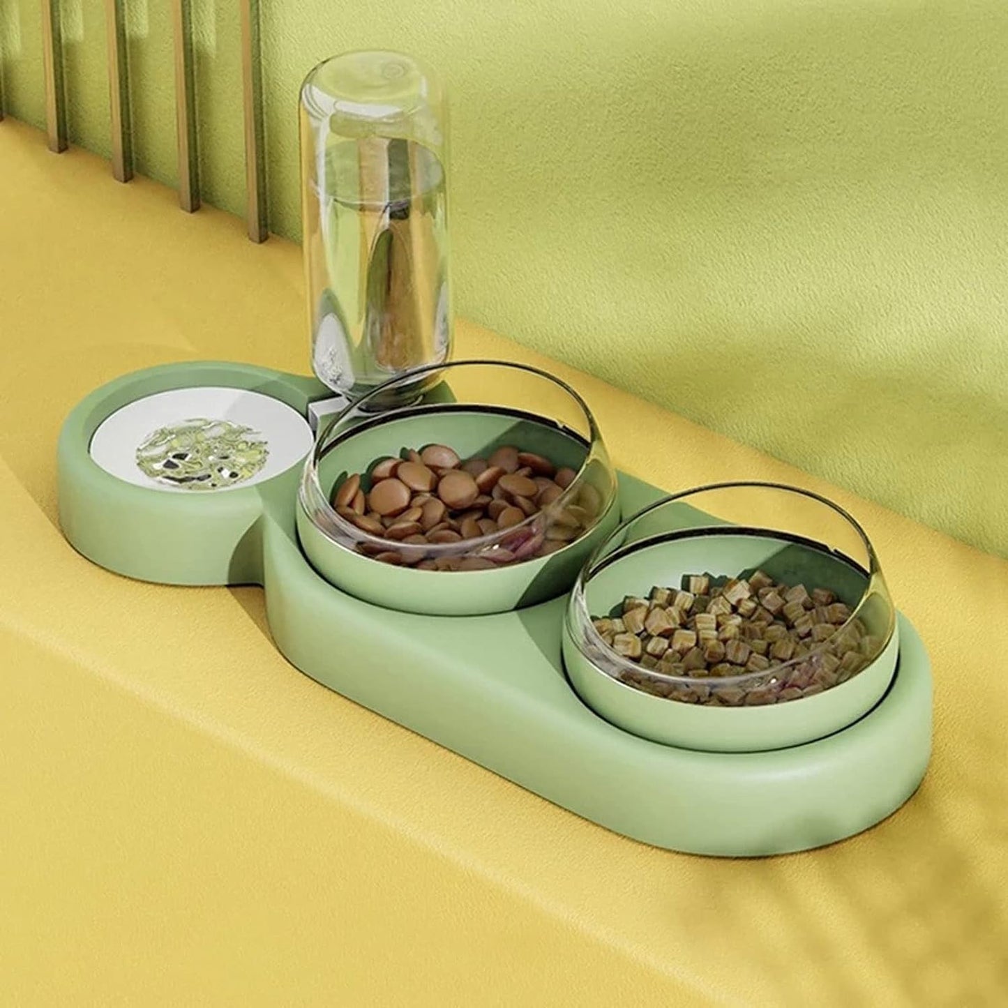 3-in-1 Dog and Cat Bowl Set – Tilted Raised Food Bowls with Automatic Water Dispenser and Detachable Dish (Green)