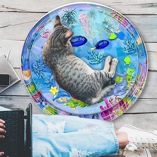 Leak-Proof Pet Water Play Mat for Cats and Dogs | Interactive Summer Cooling Pad with Floating Fish Toys | Non-Slip, Foldable – 100 x 100 cm