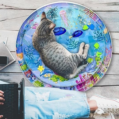 Leak-Proof Pet Water Play Mat for Cats and Dogs | Interactive Summer Cooling Pad with Floating Fish Toys | Non-Slip, Foldable – 100 x 100 cm