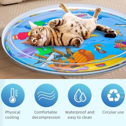 Leak-Proof Pet Water Play Mat for Cats and Dogs | Interactive Summer Cooling Pad with Floating Fish Toys | Non-Slip, Foldable – 100 x 100 cm