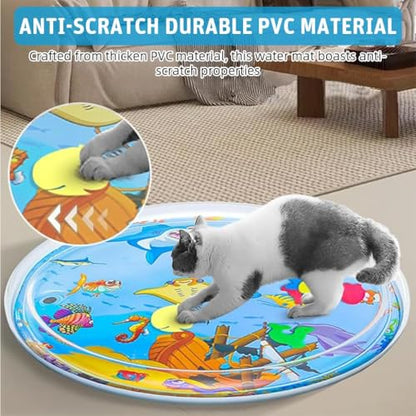 Leak-Proof Pet Water Play Mat for Cats and Dogs | Interactive Summer Cooling Pad with Floating Fish Toys | Non-Slip, Foldable – 100 x 100 cm